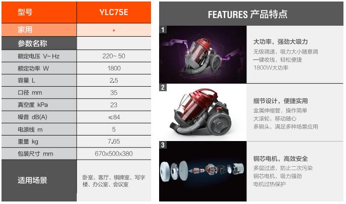 亿力家用吸尘器YLC75E-160技术参数和性能特点