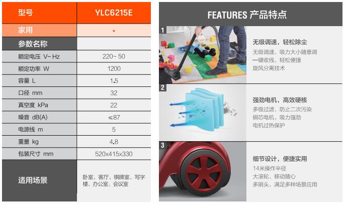 亿力家用吸尘器YLC6215E-120技术参数及性能特点