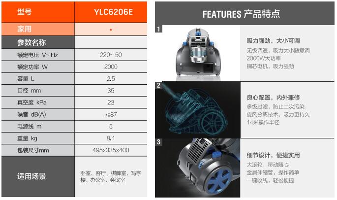 亿力家用吸尘器YLC6206E技术参数和性能特点
