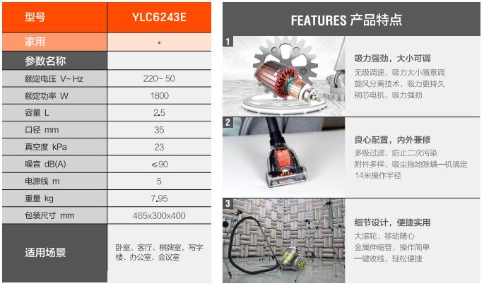 亿力家用吸尘器YLC6243E技术参数和优势特点