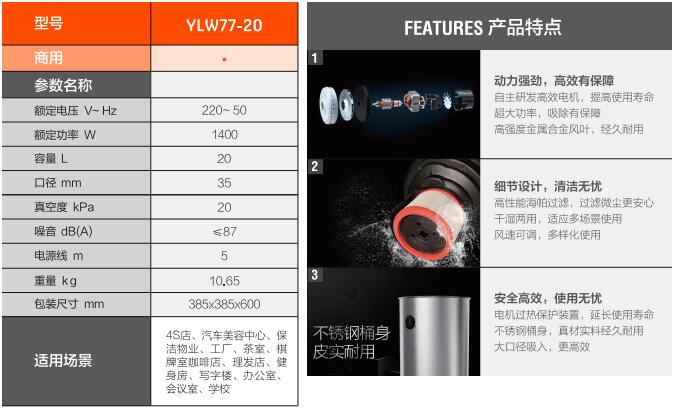 亿力商用吸尘器YLW77-20技术参数和优势特点