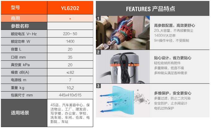 亿力商用吸尘器YL6202规格参数及优势特点