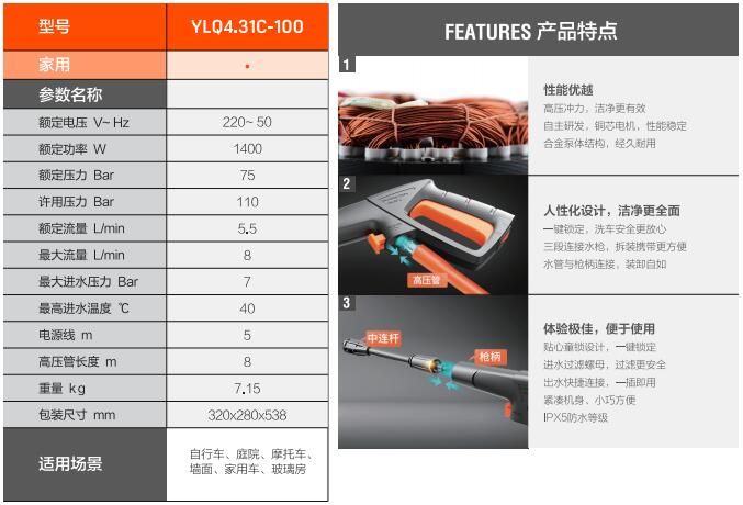 亿力家用高压洗车机YLQ4.31-100规格参数和优势特点