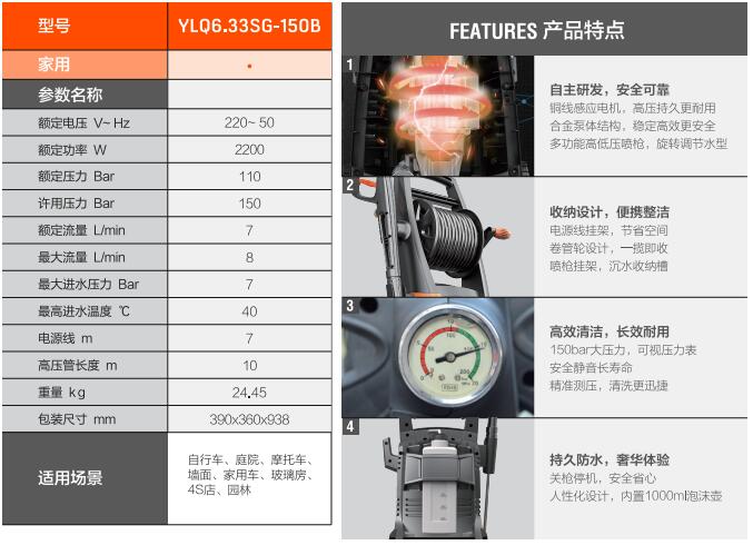 亿力高压洗车机YLQ6.33SG-150B规格参数和优势特点