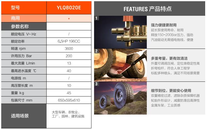 亿力汽油动力高压清洗机YLQ8020G规格参数和优势特点