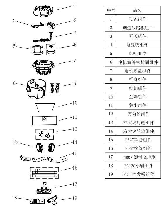亿力家用吸尘器YL6218E-10售后维修配件清单