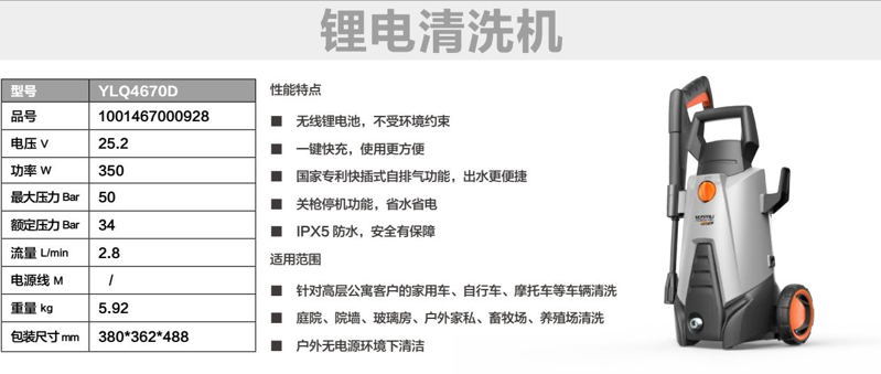 亿力锂电池家用洗车机YLQ4670D