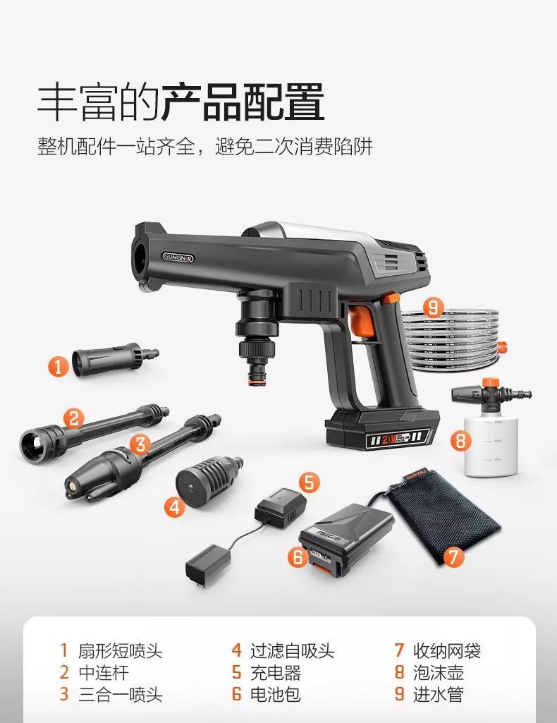 亿力手持式锂电高压洗车机丰富的产品配套设备