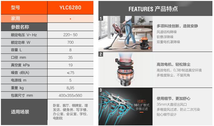 亿力家用吸尘器YLC6280技术参数与优势特点