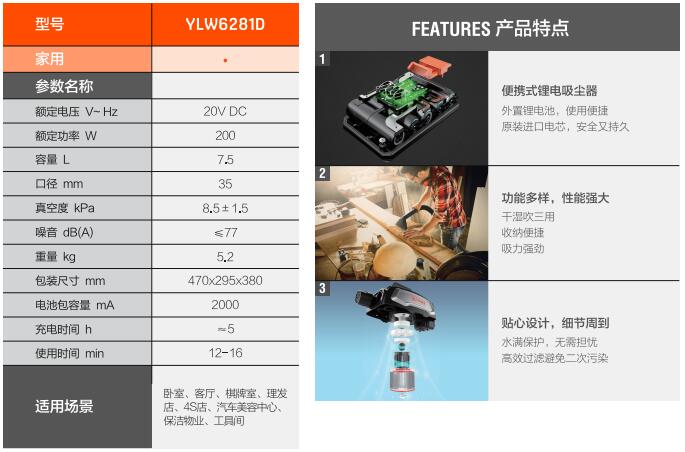 亿力锂电池吸尘器YLW6281D技术参数和优势特点