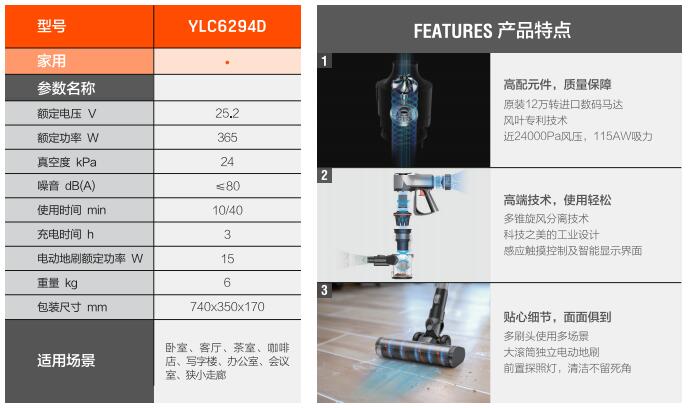 亿力无线推杆吸尘器YLC6294D技术参数和功能特点