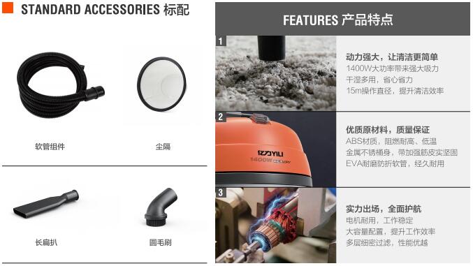 亿力洗车店用吸尘器YLW67(45L)标准配件和优势特点