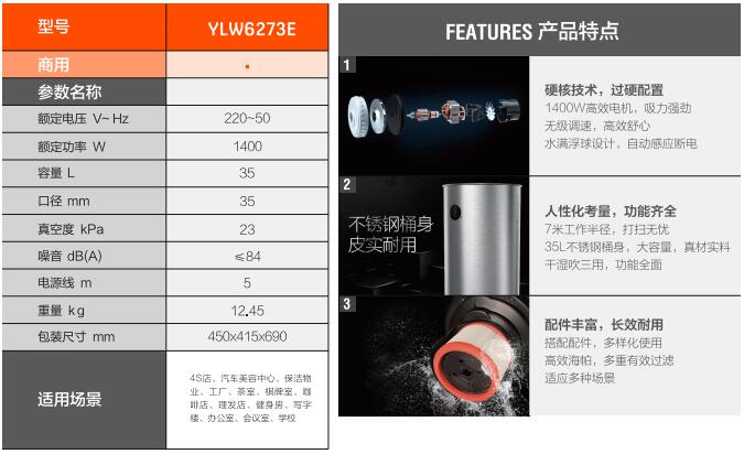 亿力商用吸尘器YLW6273E技术参数和优势特点