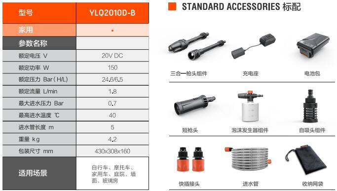 亿力便携式洗车机YLQ2010D-B规格参数和标准配件